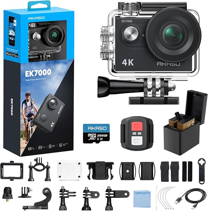 AKASO EK7000 4K30fps Action Camera with 256GB MicroSDXC U3 Memory Card Accessories Kit Bundle Ultra HD 131FT Waterproof Camera EIS WiFi Remote Control 4X Zoom Underwater Camera