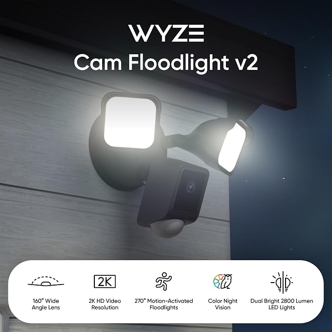 WYZE Floodlight Camera v2, Security Camera Outdoor, 2K HD with Color Night Vision, 2800-Lumen LEDs, 160° Wide View, 105dB Siren, Works with Alexa & Google Assistant, Wired-Black