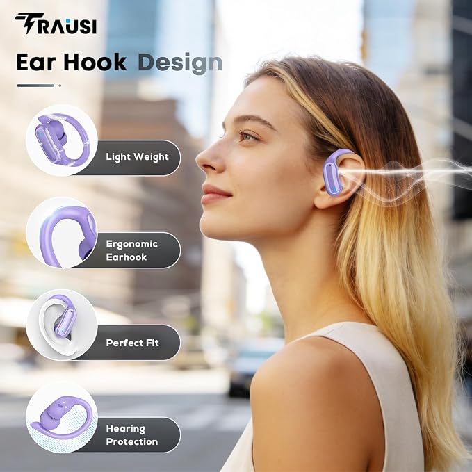 TRAUSI Wireless Earbuds Bluetooth Headphones, 54H Playtime Stereo Over Ear Buds with ENC Noise Cancelling, LED Power Display, IPX7 Waterproof Sport Earphones wih Earhooks for Running/Workouts Purple