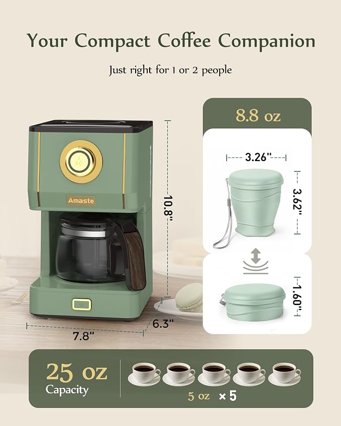 Amaste Drip Coffee Maker, Coffee Machine with 25 Oz Glass Coffee Pot, Retro Style Coffee Maker with Reusable Filter & Three Brewing Modes, Collapsible Silicone Coffee Cup,Warming Plate, Matcha Green