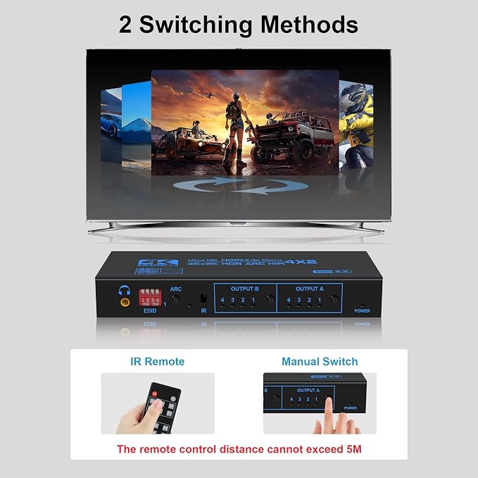 4K@60Hz HDMI Matrix Switch 4X2 with ARC, avedio links 4 in 2 Out Matrix HDMI Video Switcher Splitter + Optical & 3.5mm Stereo Audio, Scaler 4K 1080P Synch, HDM I Audio Extractor with IR Remote Control