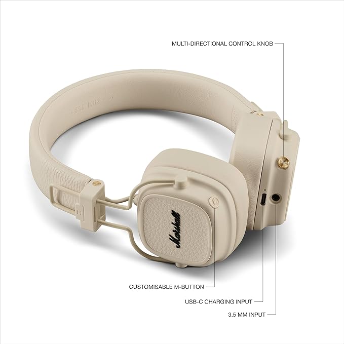 Marshall Major V Wireless On-Ear Bluetooth Headphones - 100+ Hr Playtime | Detachable Audio Cable | Microphone for Calls | Lightweight, Foldable Design for Travel - Cream