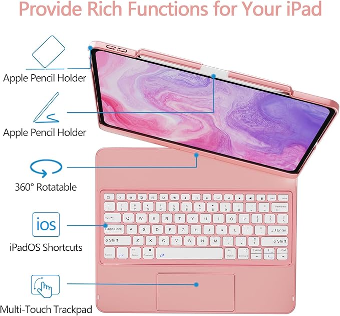 GGH Touch for iPad Keyboard Case Air 13 (M3 2025 / M2 2024) &12.9 iPad Pro (6th,5th,4th,3rd Gen),360° Rotatable Protective Cover Multi-Touch Trackpad Keyboard Case with Pencil Holder - Rose Gold