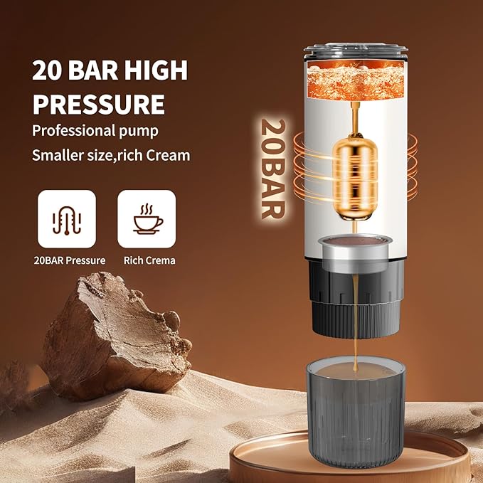 Portable Espresso Machine, 20Bar Self‑Heating & Cold Brew Coffee Maker, Rechargeable 7500mAh, 3‑in‑1 for Nespresso & Ground Coffee, Travel Coffee Machine for Camping Car (White)
