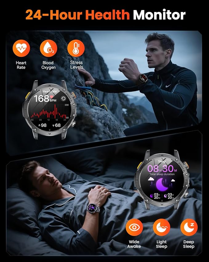 Military Smart Watches for Men (Answer/Make Calls), Smart Watch with 100-Days Extra-Long Battery, IP68 Waterproof, Heart Rate/Sleep Monitor 100+ Sport Modes 1.7″ Fitness Watch for Android/iPhone