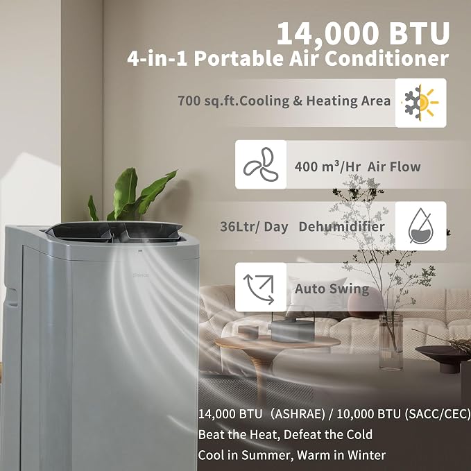Shinco 14,000 BTU Grey Portable Air Conditioner with Heater up to 700 Sq. Ft, Ac Heater Combo Window Unit, Portable AC Unit with Dehumidifier & Fan, Cools & Heats,Remote Control and Window Kit