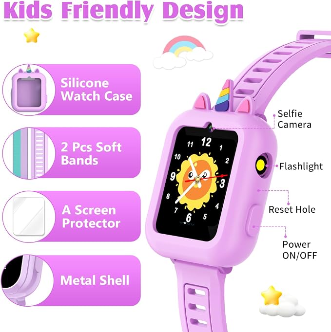 Smart Watch for Kids with 39 Games,Camera,Video,Music Player,Recorder,Alarm,Pedometer,Flashlight,Stopwatch,HD Touch Screen,Borthday Gift Toy for Girls Ages 3-12(Purple)
