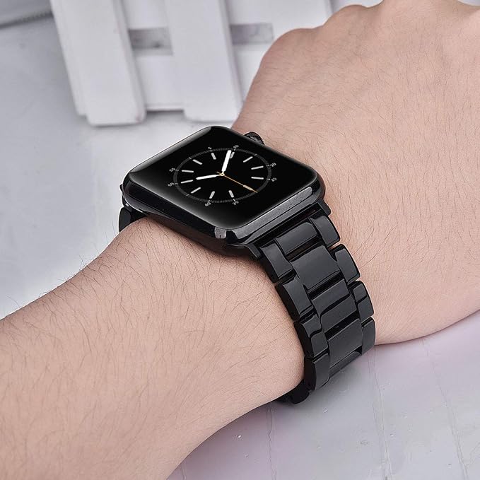V-MORO Resin Strap Compatible with Apple Watch Band 41mm/40mm/42mm/38mm Series 11/10/9/8/7/6/5 Women Men Fashion Lightweight Wristband with Metal Buckle,iWatch Series 4/3/2/1/SE 2/SE (Black)