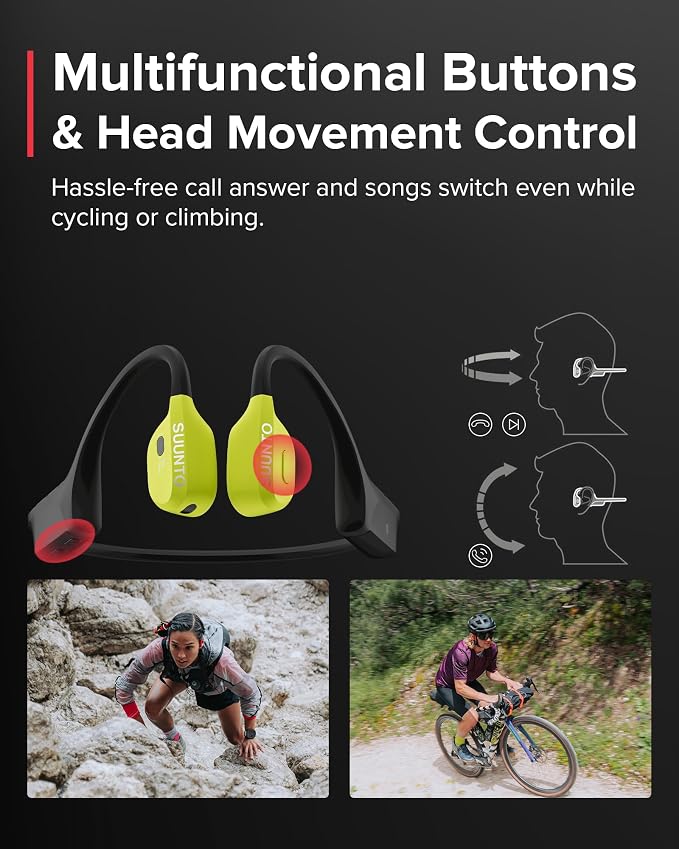 SUUNTO Wing Open-Ear Bone Conduction Headphone, Bluetooth Wireless Sport Headphone w/Head Movement Control, Built-in HD Mic, IP67 Sweatproof, Safety Lights, Total 30H Playtime w/Charging Stand, Lime