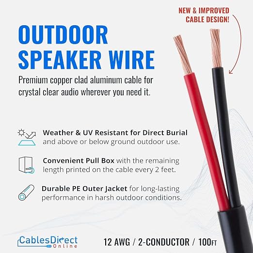 Cables Direct Online Speaker Wire 12 Gauge, 100 ft for Outdoor and Indoor Use, 12/2 CCA (Copper Clad Aluminum) Stranded Bulk Audio Cable, In Ground Direct Burial Waterproof and UV Resistant