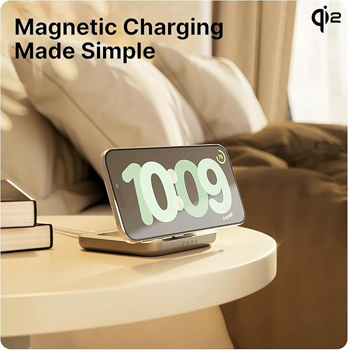 Zens Magnetic Nightstand Charger | MagSafe Qi2 15W | Landscape Only (No Vertical) | Standby Mode | Compatible with iPhone 17/16/15/14/13/12 | 20W Adapter Included | White