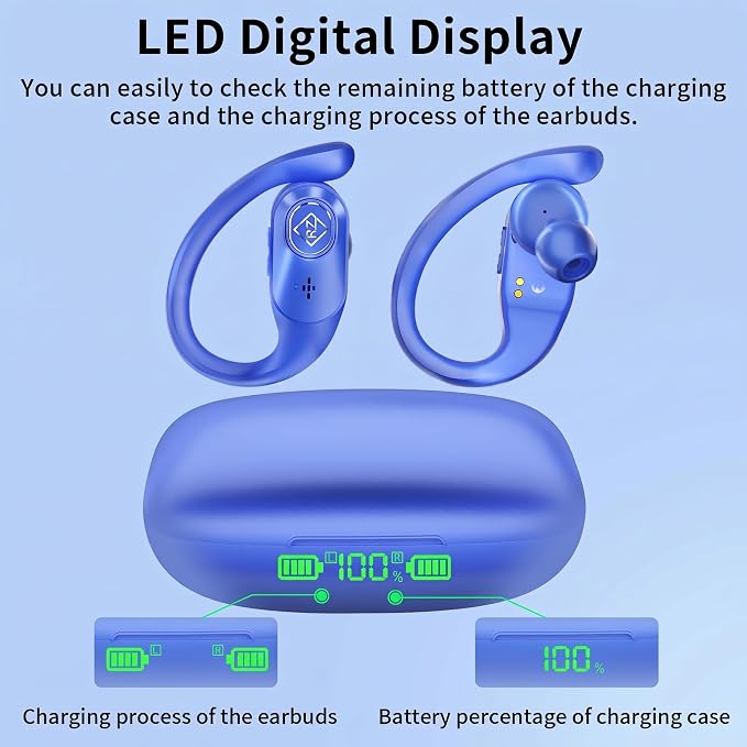 Wireless Earbuds Bluetooth Headphones 96H Playtime LED Display Waterproof Built in Mic Deep Bass Sound Secure Over Ear buds Earhooks for iPhone Android Samsung Cell Phones Sport Workout Gaming Running