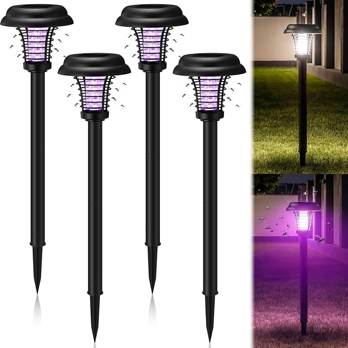 4 Pcs Solar Bug Zapper Outdoor Waterproof Mosquito Repellent Light Solar Power Fly Killer Lamps for Moths, Gnats, Fly, Small Flying Insect Backyard Garden Lawn (Plastic,Purple & Soft Light)