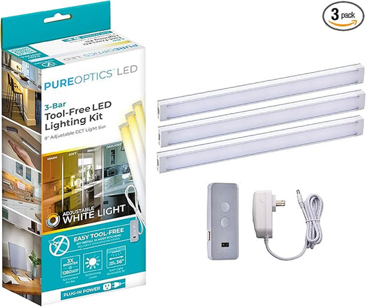 PureOptics LED Under Cabinet Light Kit, Motion Sensor, Dimmable, Linkable, 3 Color Settings, Tool-Free, for Kitchen, Cabinets and Closets, (3) 9" Bars