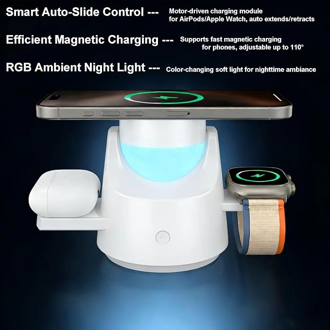 3-in-1 Wireless Charger for iPhone, Apple Watch & AirPods ，Smart Wireless Charging Station with RGB Night Light，Motorized Expandable Dock with 110° Rotation, 15W MagSafe, CE/FCC Certified (White)