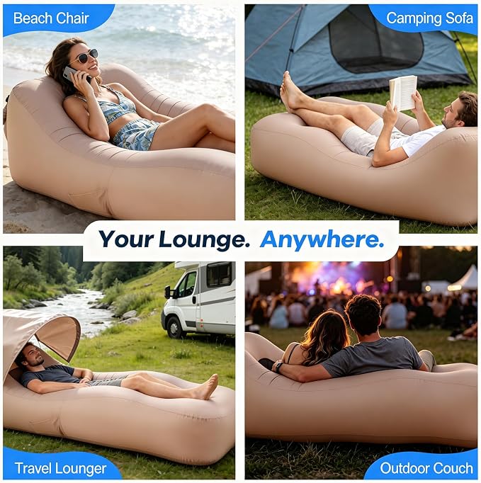 Inflatable Lounger Air Sofa with Unique Sun-Shade, Waterproof Inflatable Beach Bed with Electric Pump, Lightweight Air Hammock Chair for Hiking Backyard Travel Beach Park Picnics（Beige）