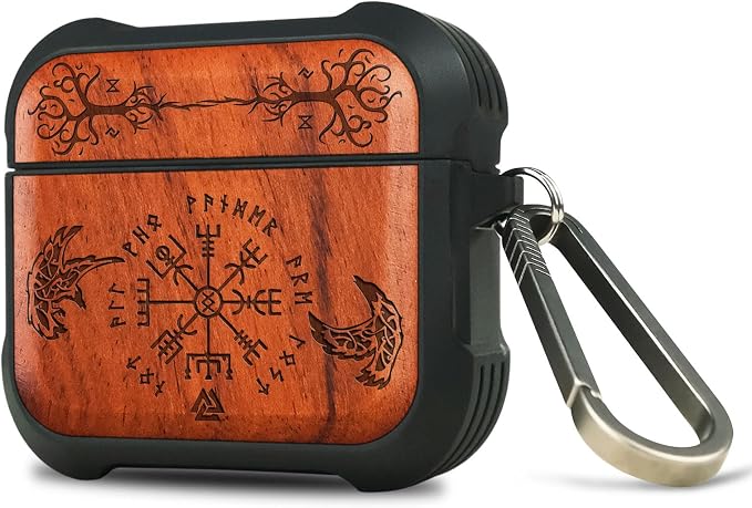 Carveit Wooden Case for AirPods 4 Case (2024) (USB-C) 4th Generation, Wood Artisan Engraved & TPU Shockproof Cover, Titanium Quick Released Clasp (The Guiding Vegvisir) Rosy