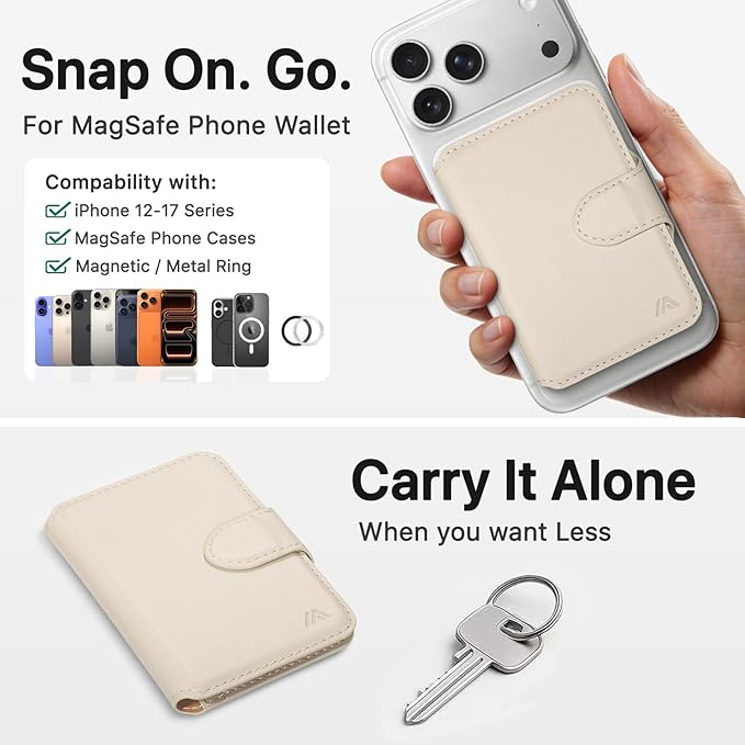 for MagSafe Wallet, Magnetic Phone Wallet RFID Blocking, Slim 5-8 Card Holder with Cash Slot & Clear ID Window, Minimalist Mag Safe Wallets for iPhone 17/16/15/14/13/12 Series, Oatmeal Beige
