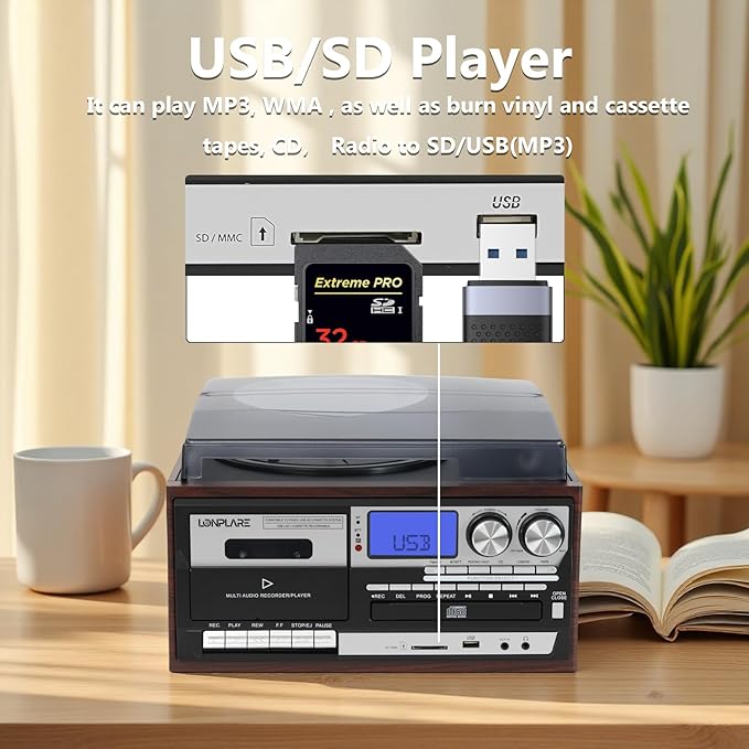 All in One Vintage 3 Speed Vinyl Record Player with Built-in Speakers,Bluetooth in/Out Turntable,CD Player/Cassette/USB/TF Card,AUX in,FM/AM Radio,RCA Out,Recording