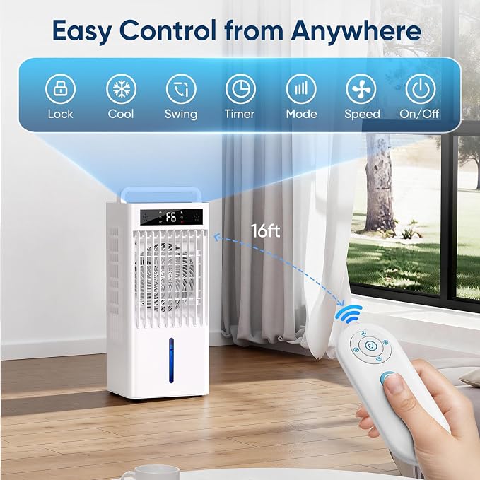 Portable Air Conditioners, 4-IN-1 Swamp Cooler, Evaporative Air Cooler, 6 Speeds & 3 Modes, 3-Gal Water Tank for Cooling, 15 FT/S Remote Control, Portable Air Cooler for Indoors Use