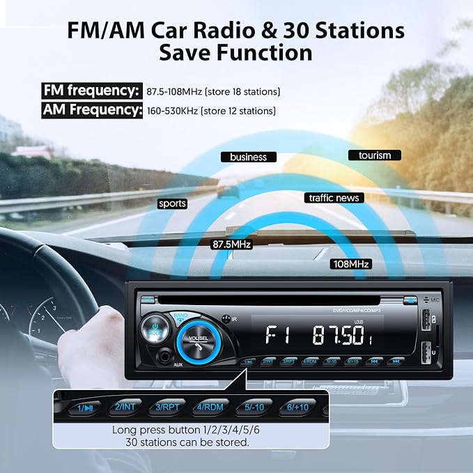 Car Radio Bluetooth with CD DVD Player, Wistrue Single Din FM/AM Car Stereo with CD Player, Support 2 USB/SD/AUX/7 Colors/Fits 9-24V Vehicles