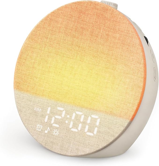 Geuuap Sunrise Alarm Clock White Noise Machine | Natural Wake-Up Light for Bedroom with 30 Soothing Sleep Aids, Bluetooth Speaker, Dimmable Clock, Screen-Free Design for Baby Adults Kids-Khaki