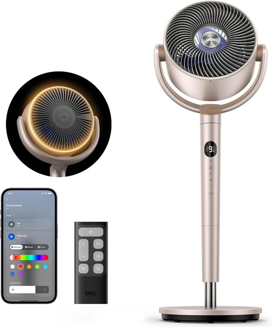 Dreo Smart Fans for Bedroom, 120° +120° Omni-Directional Oscillating Fan, 90ft Quiet Pedestal Fan with RGB Light, 9 Speeds, 6 Modes, 20dB, 8H Timer, Wi-Fi/Voice, 37-42" Floor Fans, Starlight