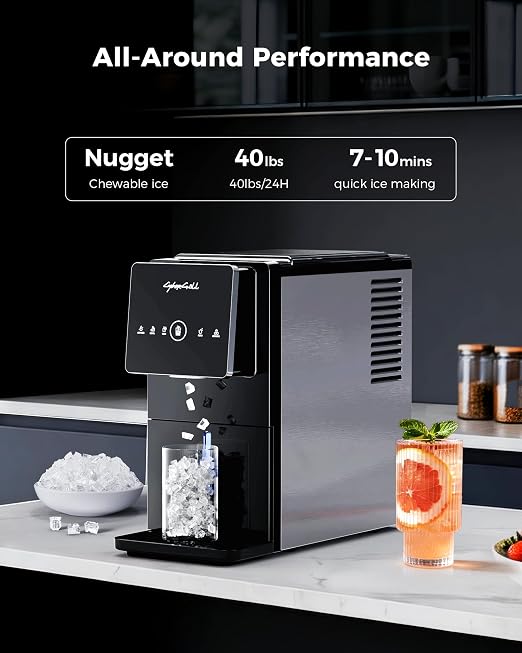 CyberChill Nugget Ice Maker Dispenser, 40lbs Per Day Countertop Pebble Ice Machine with Touch Free Ice Dispensing, Self-Cleaning, Chewable Sonic Ice for Home, Kitchen, Office