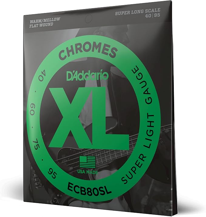 D'Addario XL Chromes Flat Wound Bass Guitar Strings - ECB80SL - Super Long Scale - Super Light, 40-95