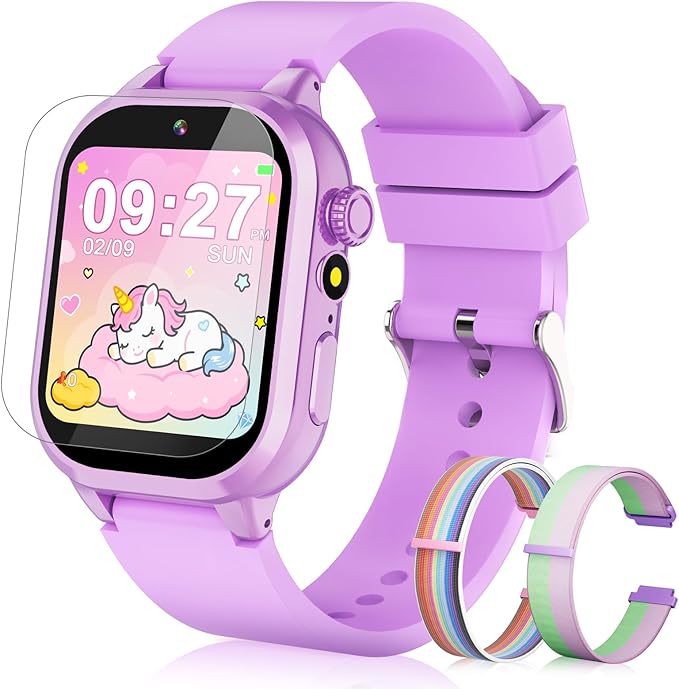 Smart Watch for Kids Girls Gifts for Aged 4-12, 40 Games HD TouchScreen Kids Watch with Video Camera Music Pedometer Audiostory Learn Card 2 Extra Bands Birthday Gift for 6 7 8 9 Year Olds（Purple）
