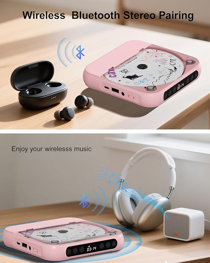 ENVYCLOUD CD Player Portable with Dual Stereo Speakers, Rechargeable Portable CD Player with Bluetooth for Home with Headphones, Support CD/AUX/USB,Pink
