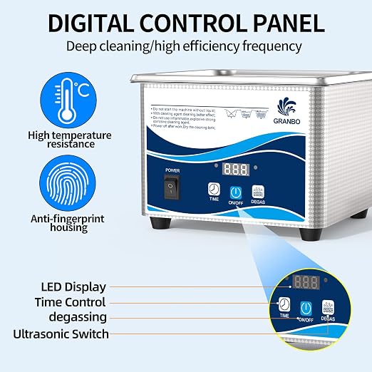 Granbo Ultrasonic Cleaner 1.3L Jewelry Cleaning Ultrasonic Machine 40kHz with Digital Timer and Degassing,110V Digital Ultrasonic Parts Cleaner for Denture Dental Oral Irrigator Parts Glasses