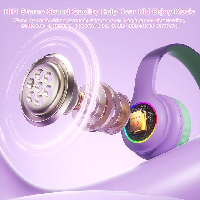 Candy Bila Kids Bluetooth 6.0 Headphones with LED Light, 85Hours Playtimes, Type-C Fast Charging, 85/94dB Volume Limited, Comfort Headphones with Built-in Mic, Wired & TF Card Mode,Green and Purple