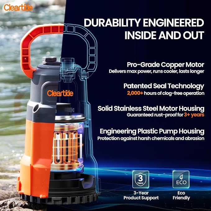 Cleartide Submersible Utility Water Pump, 1/3 HP 2790 GPH Portable Sump Pump with Copper Motor, Plug and Work for Pond, Garden Watering, Pool or Hot Tub Water Transfer