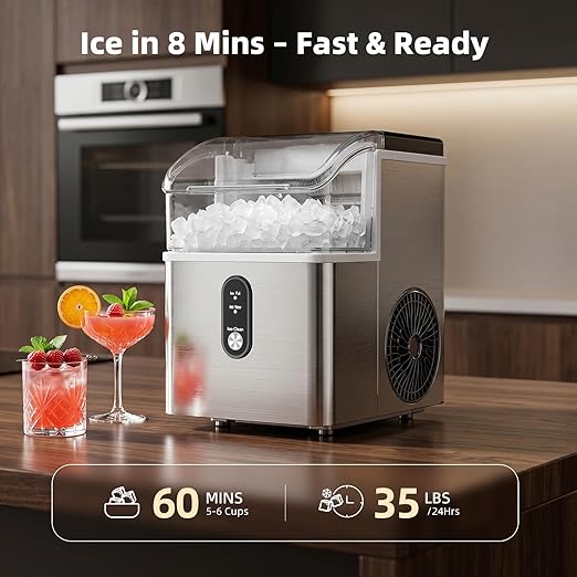 Antarctic Star Nugget Ice Maker Countertop, 35lbs/24H Ice Machine, Soft Chewable Sonic Ice, Self-Cleaning, Fast Ice Ready in 8 Minutes, Compact Design with Handle, Stainless Steel Silver
