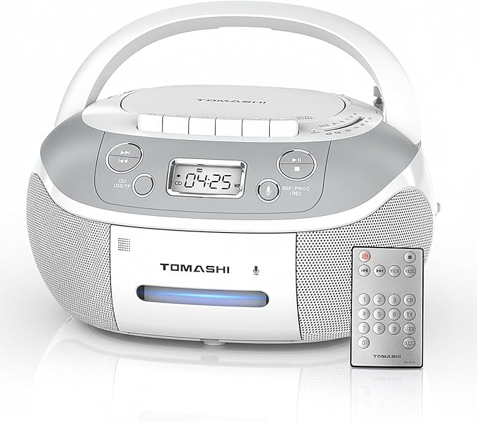 TOMASHI Portable CD Player Boombox with Cassette Player - AM FM Radio,Tape/CD Recording, USB/SD Inputs,Retro Stereo Sound,Dual AC/DC Power,Remote & Backlit LCD - for Home, Camping,Gifts (CD-860A)