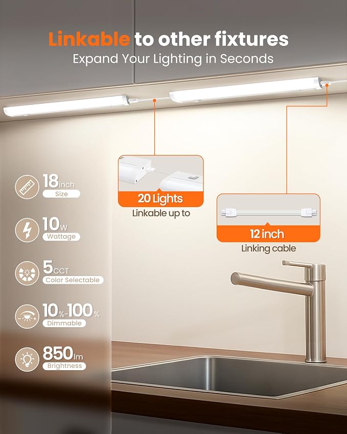 ALUSSO 18 Inch LED Under Cabinet Lighting Hardwired & Plug in 120V, 5CCT Color Selectable 2700K-5000K Dimmable 10W 850LM High Brightness, Strip Linkable Under Counter Lights for Kitchen Sink, 1 Pack