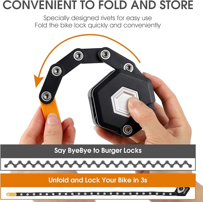 Folding Bike Lock with 3 Keys, 2.8 FT Bicycle Lock Compact Anti Theft, High Security Scooter Locks, Heavy Duty Bike Chian Locks with Bracket