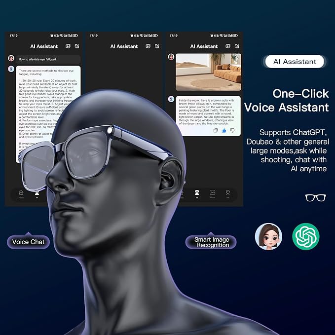 Smart Glasses with Camera, 4K HD Video & Photo Capture Recording Glasses with Audio, AI ChatGPT Assistant, Real-Time Translation Bluetooth Camera Sunglasses, Voice Control Smart Glasses for Men Women
