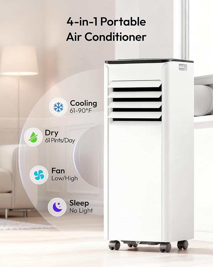 EUHOMY 8,000 BTU Portable Air Conditioners, 4-in-1 Portable AC Unit Cools Up to 350 Sq.Ft, with Cool, Fan, Dehumidifier, Sleep Modes, 50 dB, 24H Timer, Remote Control, Installation Kit for Bedroom