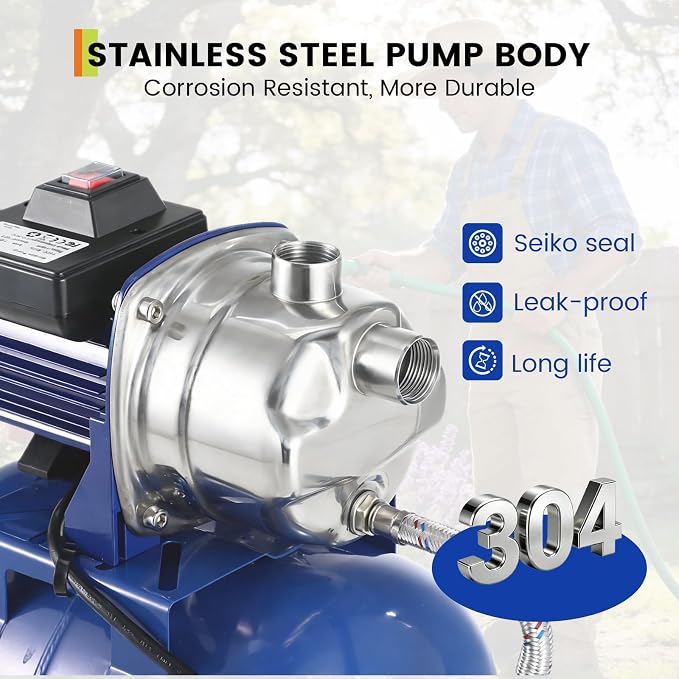 Garvee 1.6 HP Shallow Well Pump with Pressure Tank, 1320 GPH, Water Jet Irrigation Pump, Automatic Pressure Switch, Stainless Steel, for Home, Farm, Garden & Yard, Blue