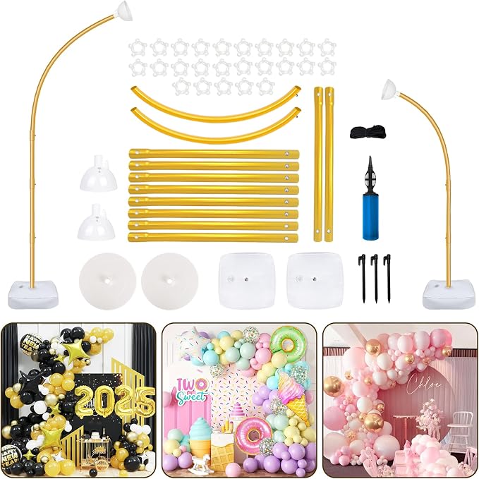AerWo [Upgraded] Balloon Arch Kit 8.2ft+6ft, Gold Half Balloon Arch Stand with Base, Free Bending Top Curve Balloon Frame Stand for Floor Birthday Wedding Christmas Decorations