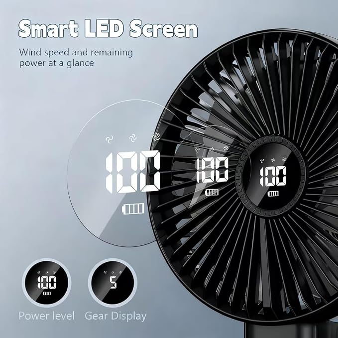 Portable Foldable Fan Handheld USB Rechargeable Fan with 6 Inch Large Blade, 5 Speeds, LED Display, 180° Foldable, Battery Powered Desk Fan for Travel Office Camping Outdoor