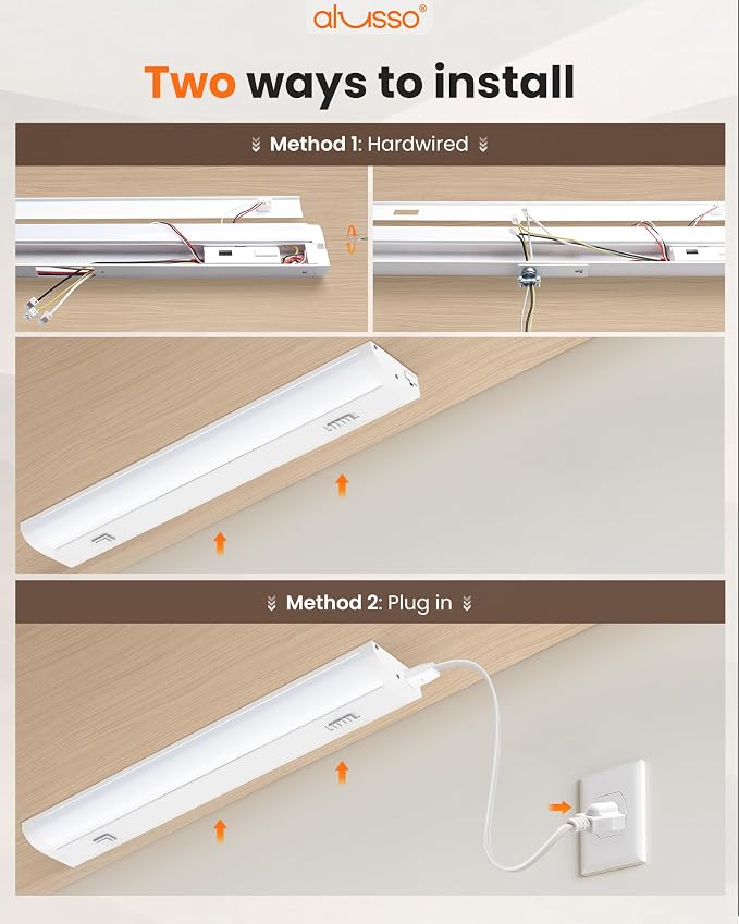 ALUSSO 18 Inch LED Under Cabinet Lighting Hardwired & Plug in 120V, 5CCT Color Selectable 2700K-5000K Dimmable 10W 850LM High Brightness, Strip Linkable Under Counter Lights for Kitchen Sink, 1 Pack