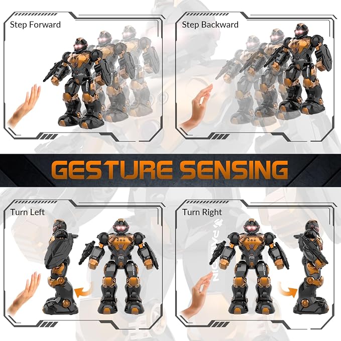 STEMTRON Robot Toys for Kids, Programmable Remote Control Robot with Intelligent Gesture Sensing, Recharge, Singing & Dancing Mode, Launcher (Brown)