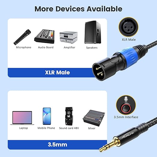 XLR to 3.5mm, XLR Male to 1/8 inch Cable 3ft 2 Pack, Unbalanced TRS to XLR Microphone Cable Gold-Plated Compatible with iPhone, Laptop, Voice Recorder