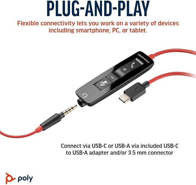 Poly Blackwire 5210 Wired Headset (Plantronics) Flexible Noise-Canceling Boom Mic Single-Ear Design - PC/Mac, Mobile via USB-C, USB-A, 3.5mm - Works w/Teams, Zoom - Amazon Exclusive (9P7X5AA)