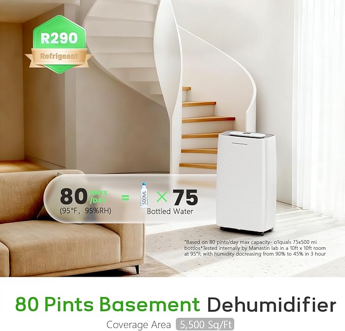 Manastin 5500 Sq.Ft Dehumidifier for Basement with Drain Hose, 80 Pints/Day (Standard 50 Pint), Energy Efficient Dehumidifier, Timer & Child Lock, for Large Room, Home, Garage