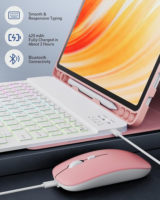 Keyboard Case for Samsung Galaxy Tab A11 Plus 11 Inch 2025/ A9+ Plus 2023 Tablet, Detachable Rainbow Backlit Wireless Keyboard and Mouse, Slim Stand Cover with S Pen Holder (Pink Marble)