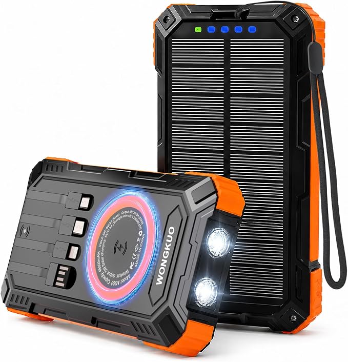 Solar Charger Power Bank - 49800mAh Solar Phone Charger with USB-C in/Output, QC 3.0 Fast Charging with LED Flashlight, Built-in 4 Cables, IP65 Waterproof Fits for Outdoor (Orange)
